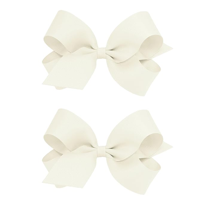Wee Ones Girls 2 Pack Grosgrain Hair Bows with Plain Wrap Centre on a Wee Stay No Slip Clip, Large, Antique White
