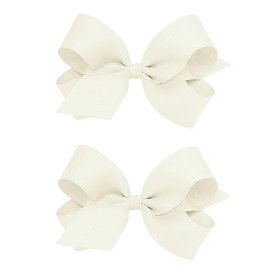Wee Ones Girls 2 Pack Grosgrain Hair Bows with Plain Wrap Centre on a Wee Stay No Slip Clip, Large, Antique White