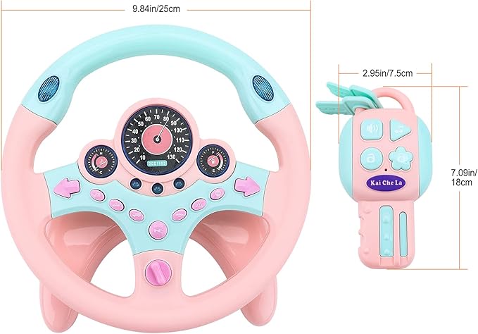 deAO Kids Steering Wheel for Backseat with Key Baby Toys Pretend Driving Simulated Steering Wheel Toy with Light and Music Gifts for Kids Toddlers (Pink)
