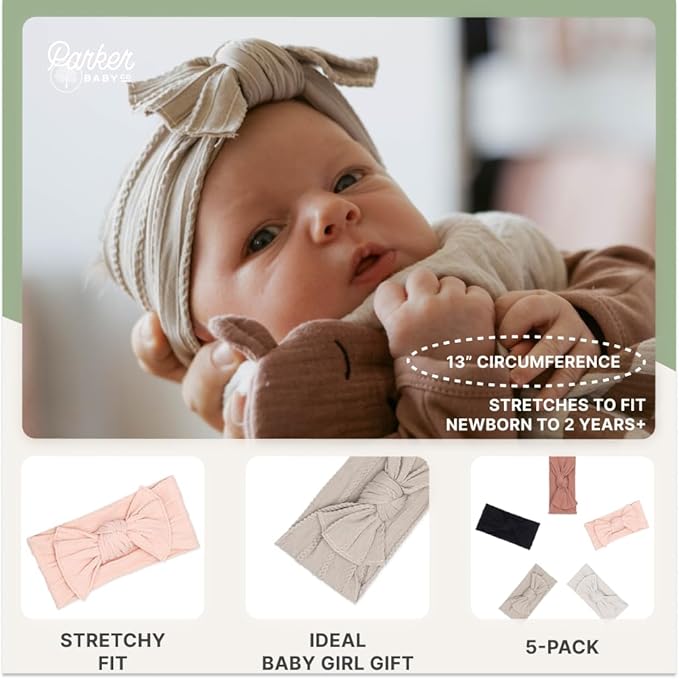 Parker Baby Cable Knit Nylon Headbands 5 Pack | Soft, Stretchy & Comfortable Bows for Girls | Adjustable, Soft to Touch & Knotted Headbands for Baby Girls | Baby Headwraps for Girls | Multiple Colors