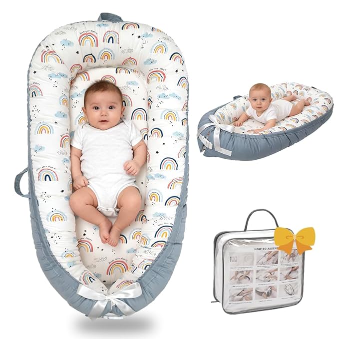 Infant Support Cushion-Breathable and Soft Organic 100% Cotton, Portable Tummy Time Mat with Removable Support Cushion Cover, Floor Baby Support Cushion for Newborn - Rainbow