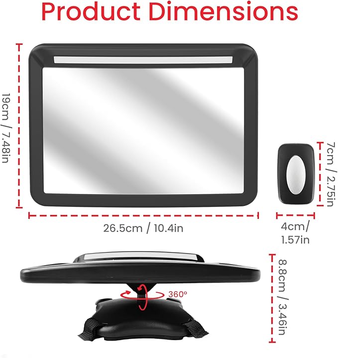 Baby Car Mirror with Light & Remote Control - Night Vision Rear Facing Car Seat Mirror, Clear Vision, 360° Rotation Rear Facing Car Seat Mirror, Shock and Shatter Resistant