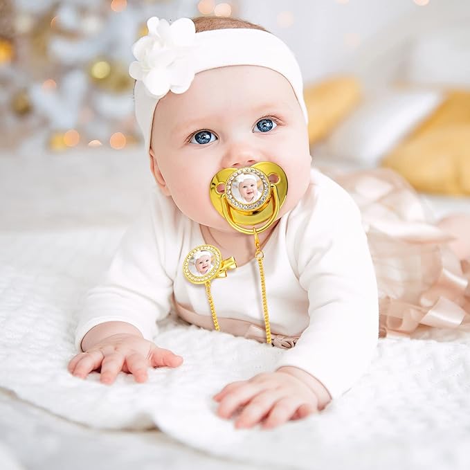3 Pieces Sublimation Pacifier Set Name Custom Baby Bling Pacifier Clip Glitter Personalized Artificial Crystal Decoration for Girl Boys Baby with Blanks