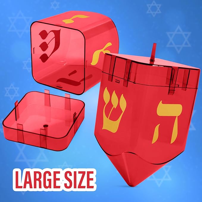 Large Fillable Dreidels for Hanukkah, Pack of 4 Plastic Dreidels Bulk, Red Large Dreidels That Bring Joy and Tradition to Every Celebration