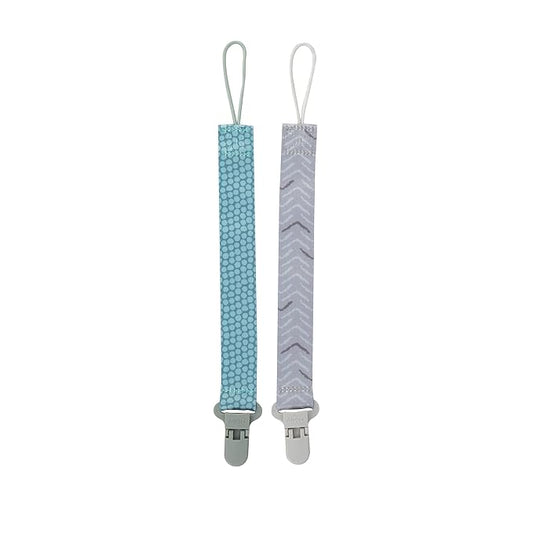 Nuby Pacifinder Baby Pacifier Clip - (2-Pack) - Pacifier Holder Clip with Convenient Hook Loop - Green Dots and Gray Arrows