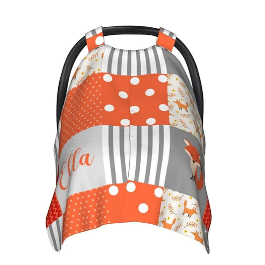 Personalized Fox Plaid Baby Infant Car Seat Canopy with Name, Custom Multi-use Blankets for Baby Boys Girls, Peekaboo Minky Nursing Breastfeeding Stroller Cover Canopies for Newborn