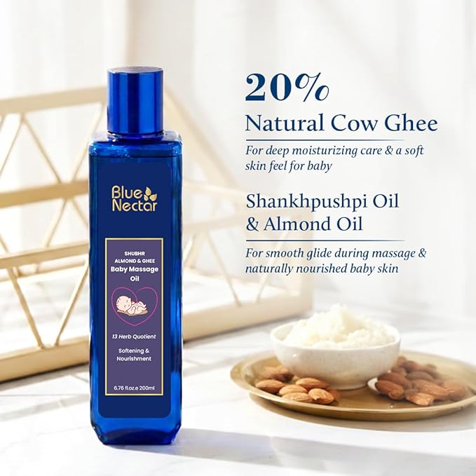 Blue Nectar Ayurveda Gentle Baby Oil for Newborn Skin Care -Moisturizing Baby Massage Oil for Dry Skin Moisturizer |Soothing with 100% Natural Coconut Oil & Organic Ghee (13 Herbs, 6.76 Fl Oz)