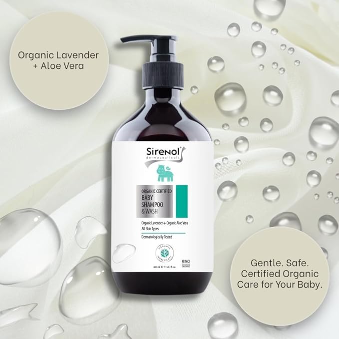 Sirenol Organic Baby Shampoo & Body Wash - Cosmos Certified, Dermatologist Tested, Detangling, Sensitive & Tear-Free Natural Formula, Clean Ingredients, 13.5oz