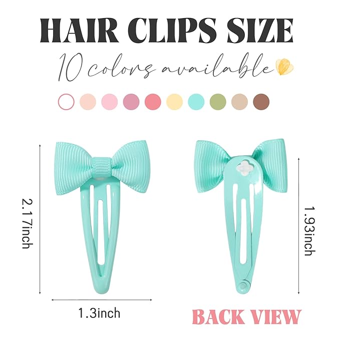 20PCS Hair Bows Clips for Toddler Girls, 2 Inch Grosgrain Ribbon Non Slip Metal Colorful Snap Hair Bows Barrettes for baby Women Girls Toddler Kids Teens (10 Colors)