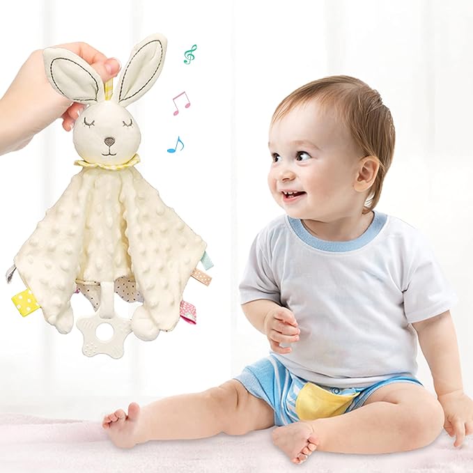 Lovey Bunny Security Blanket for Baby Girls Boys Soft Plush Stuffed Animal Blanket with Crinkle in Ear Infant Tags Security Blanket Taggy Rattle Toys Soothing Sensory Teether Toy Great Shower Gift