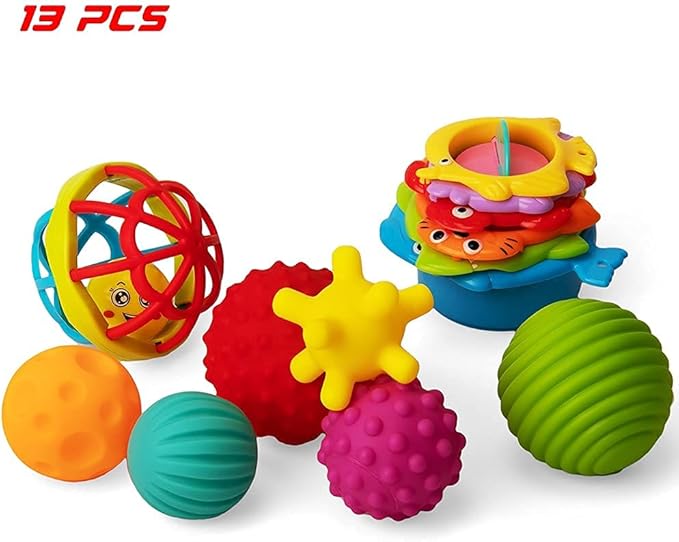 Sensory Balls for Toddlers - Textured Multi Ball Set for Babies, 6 Colorful Soft and Squeezy Sensory Toys with Stacking Cups Baby Rattle Ball - Stress Relief & Sensory Developmental Toy for Kids