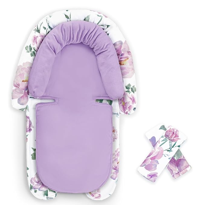 Infant Car Seat Insert, Baby Car Seat Head & Body Support with Strap Pads, Soft Newborn Preemie Carseat Insert Cushion for Girls Boys, Fits Carseat, Stroller, Swing, Bouncer, Purple Floral