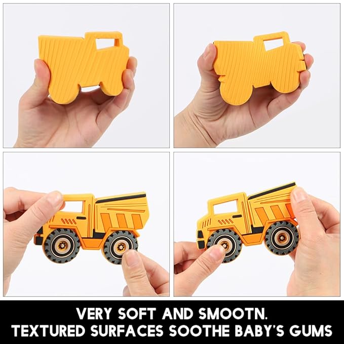 Car Series Baby Teething Toys,Food Grade Silicone Chew Teether for 3 Months+ Infant Boy and Girl,Toddler Sensory Chewing Teether,BPA Free. (Dump Truck,Yellow)