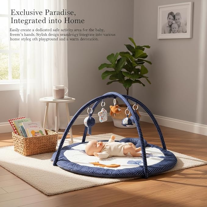 Baby Play Gym Mat,Tummy Time Mat - 100% Cotton Soft Playmat with 6 Detachable Toys for Tummy Time,Machine Washable,Sensory Development Gift（Little Fox）