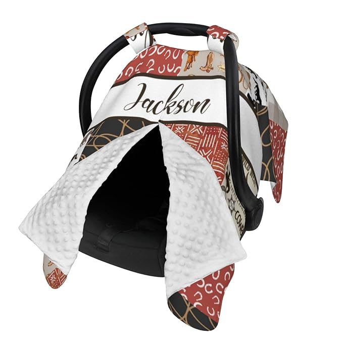 Custom Baby Car Seat Canopy with Name, Personalized Cowboy Baby Car Seats Covers for Baby Boy, Opening Minky Nursing Breastfeeding Cover for Infant, Carseat Canopies for Newborn