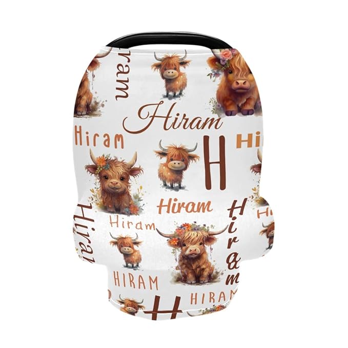 Personalized Highland Cow Baby Car Seat Cover for Boys Girls, Customized Baby Multi Use Carseat Cover with Monogram Name, Nursing Cover Breastfeeding Scarf Stroller Canopy for Newborn Infant