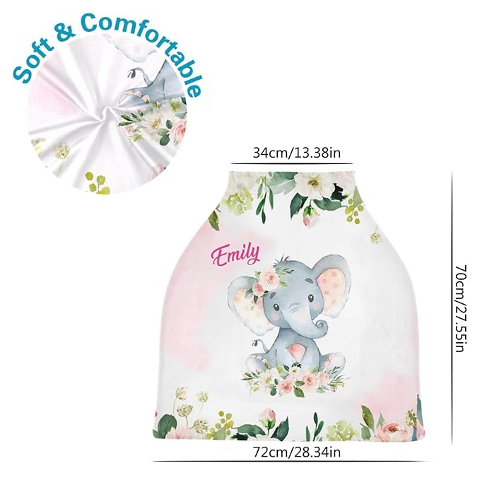 Personalized Baby Car Seat Covers with Name, Custom Nursing Cover Breastfeeding for Babies, Carseat Canopy for Girls, Infant Stroller Cover for Winter, Breathable Carseats Cover (Elephant Rose)