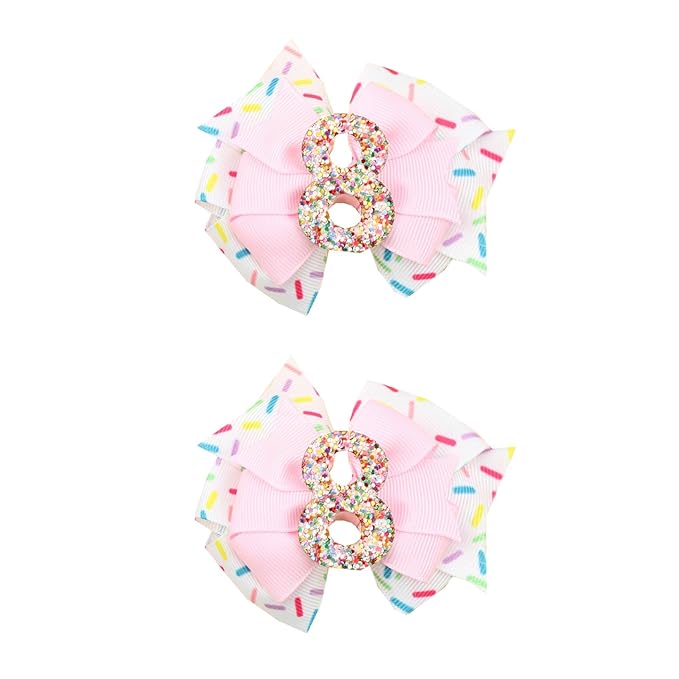 Birthday Hair Bow for Baby Girls - 2Pcs Pink Sprinkle Hair Clips for 8th Birthday Glitter Ice Cream Baby Bow Party Decorations for Girls Toddlers Hair Accessories (Pink-8 Years-Clips)