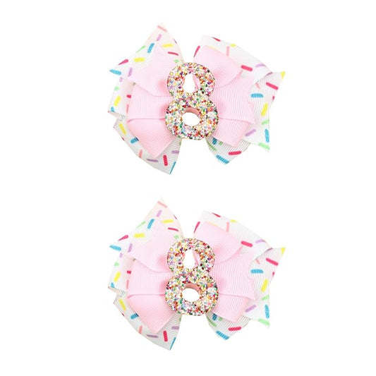 Birthday Hair Bow for Baby Girls - 2Pcs Pink Sprinkle Hair Clips for 8th Birthday Glitter Ice Cream Baby Bow Party Decorations for Girls Toddlers Hair Accessories (Pink-8 Years-Clips)