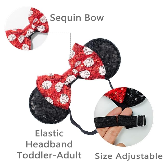 JIAHANG Adjustable Mouse Ears Sequin Bow Headband with Polka Dot, Party Festival Fashion Hair Band for Baby Girls Toddler, Kids Party Supplies
