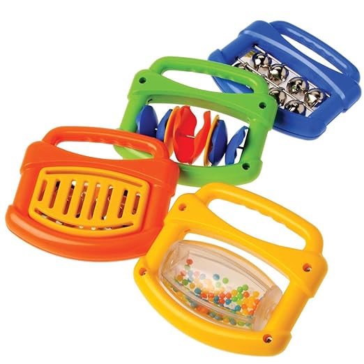 Constructive Playthings Rhythm Band Baby Musical Toys, Plastic, Handles for Easy Grip, Daycare Essentials, Early Learning, Set of 4 Unique Instruments, 6 Months & Up