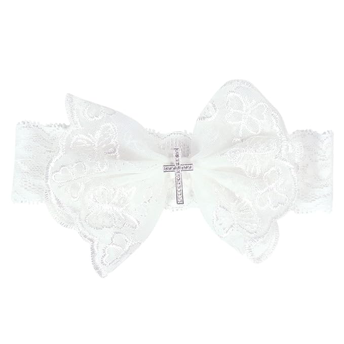 BBTDIN Baptism Christening Headbands Baby Girls Flower Lace Hair Hand White Bow BBG11 (B1-Bow with Cross)
