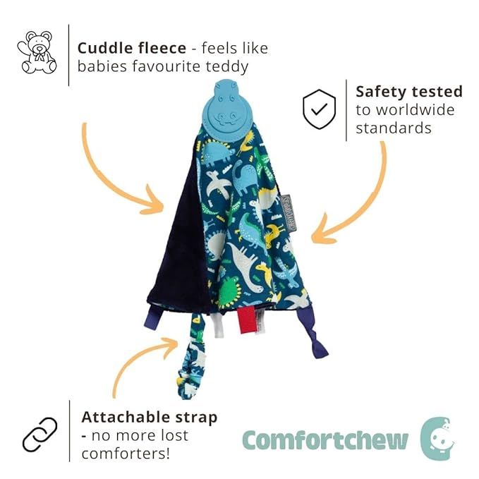 Cheeky Chompers Comfortchew | Baby Lovey with Silicone Teether & Sensory Tags | Soft Fleece Material, Attachable Loop, Machine Washable | (Baby Dino)