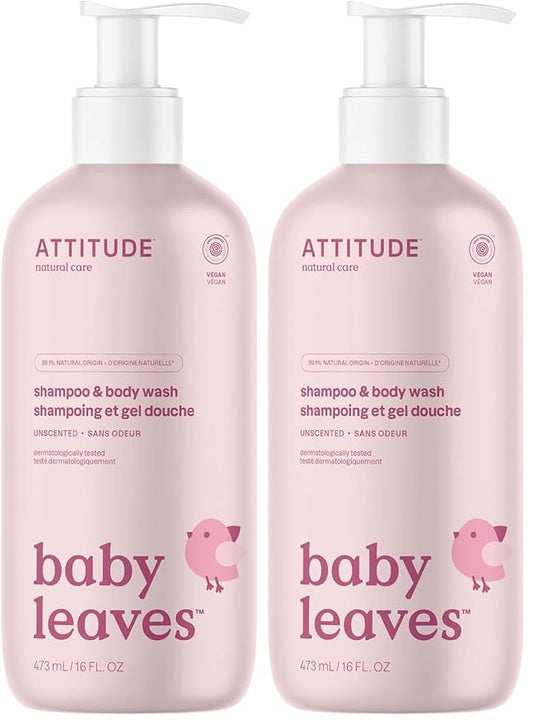 ATTITUDE 2-in-1 Shampoo & Body Wash for Baby, Fragrance-Free EWG Hypoallergenic Plant- & Mineral-Based Ingredients, Vegan and Cruelty-Free, Unscented, 16 Fl Oz, (Pack of 2)