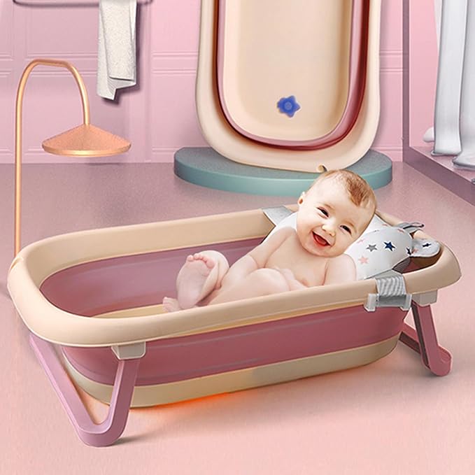 Collapsible Baby Bathtub with Bath Pad Large Baby Bathtub Portable Bathtub with Drain Hole Folding Bathtub with Water Temperature Sensing