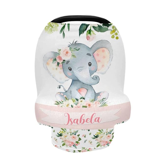 Personalized Baby Car Seat Cover for Girls, Custom Nursing Covers for Breastfeeding with Name, Infant Stroller Cover, Baby Carseat Canopy for Newborn, Multiuse Car Seat Canopies, Floral Elephant