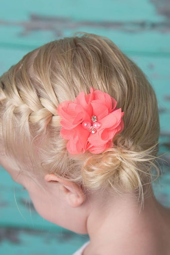 Baby Girls Chiffon Flower Hair Clips with Rhinestones and Pearl,YYCRAFT 24 pcs Party Wedding 2" Hair Accessory for Kids Toddler Infant Girls(12 colors)