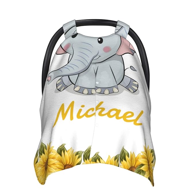 Personalized Elephant and Sunflower Baby Infant Car Seats Canopy for Babies with Name, Custom Multi-use Blankets for Baby Boys Girls, Peekaboo Minky Nursing Stroller Cover Canopies for Newborn