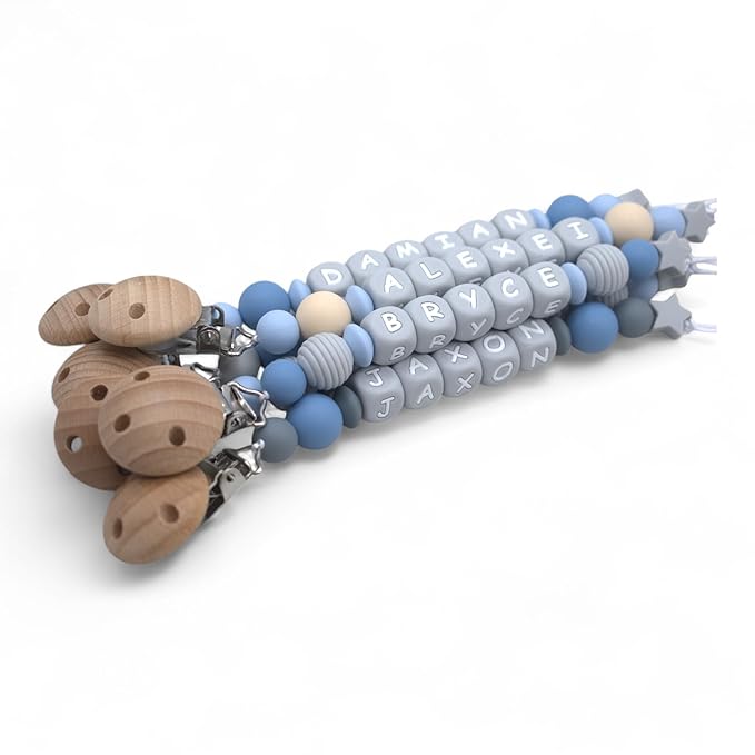 Personalized Baby Pacifier Clips, Rattle Rings & Keychains – Blue Styles | Stylish Baby Accessories, 3rd Party Tested for Safety