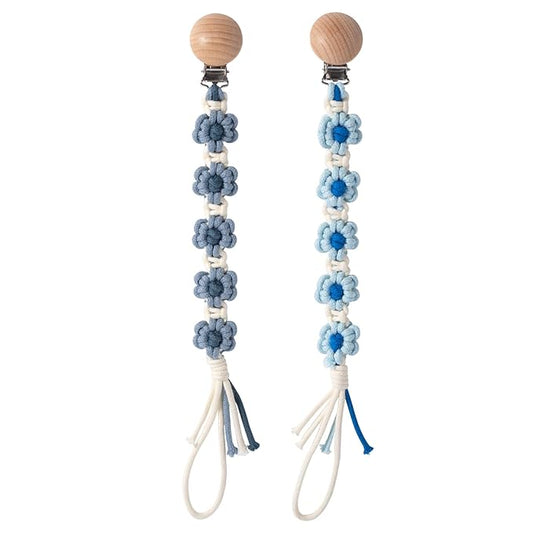Pacifier Clip for Boys Girls Floral Daisy Macrame Baby Paci Clip Pacifier Holder Leash Boho Wooden Clips Handmade Braided Cotton Binky Clips (Baby Blue & Frost Blue)