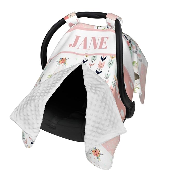 Personalized Minky Car Seat Canopy for Girl Boy, Custom Name Stroller Car Seat Covers Cover for Infant Newborn Shower Gift, Nursing Opening Carseat Cover for Breastfeeding, Woodland Deer Pink