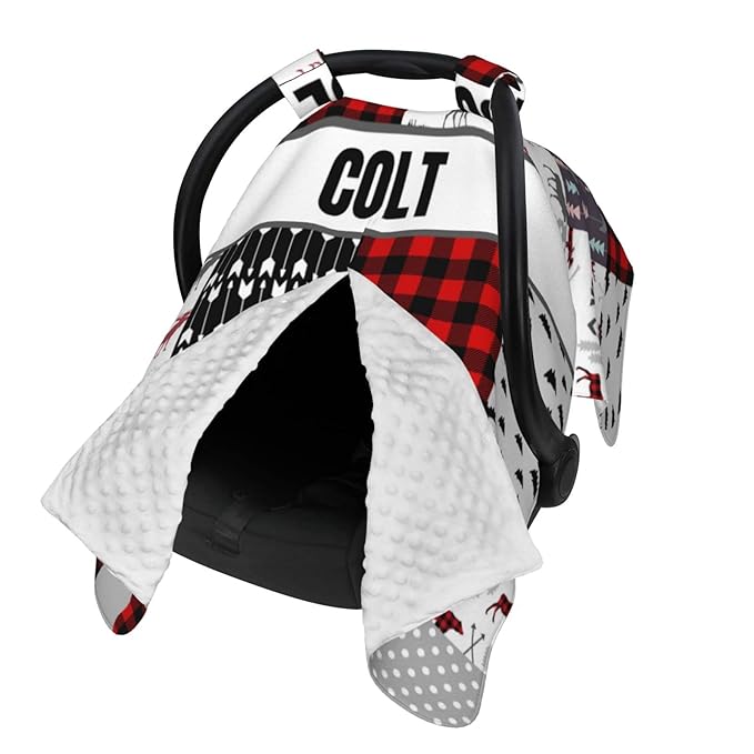 Personalized Baby Car Seat Canopy for Babies, Custom Name Car Seat Covers for Boys and Girls, Opening Minky Nursing Breastfeeding Cover for Infant, Carseat Canopies for Newborn (Deer Red Plaid)