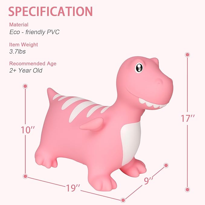 INPANY Bouncy Horse, Dinosaur Hopper Toys, Toddler Bouncing Animal, Dinosaur Party Decorations, Kids Inflatable Ride on Rubber Bouncer, Outdoor Cool Birthday Gift for 2 3 4 Yr Boy Girl Pink