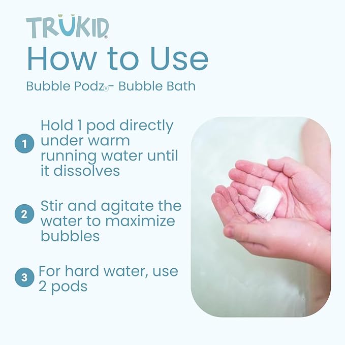 TruKid Bubble Podz Bubble Bath for Kids, Toddlers, & Babies, Tear Free Gentle & Refreshing Bath Bomb for Sensitive Skin with Natural Moisturizers, Non-Toxic, pH Balanced, Strawberry Scent (60 Podz)