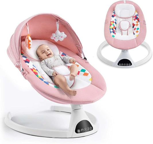 Soobaby Baby Swing for Infants,Electric Swing for Babies,Portable Swing for Baby Boy Girl,Remote Control Indoor Baby Rocker with 5 Sway Speeds,Music and Bluetooth,Light Pink