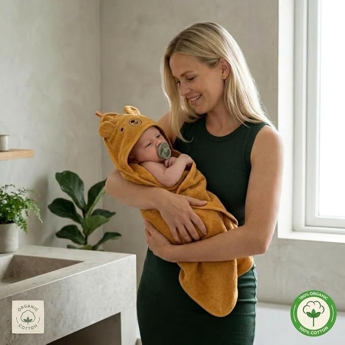 Hooded Baby Towels - 100% Organic Cotton Baby Bath Towels for Baby Boy, Baby Girl, 32" x 32" Super-Soft and Absorbent Baby Towels for Newborn (Bear - Autumn Yellow)