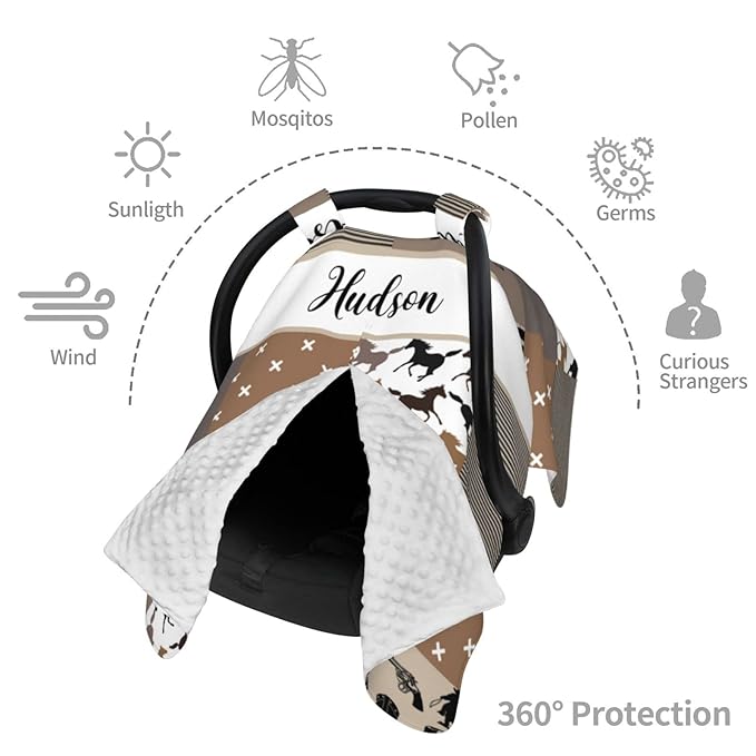 Personalized Baby Car Seat Canopy for Babies, Custom Name Car Seat Covers for Boys and Girls, Opening Minky Nursing Breastfeeding Cover for Infant, Carseat Canopies for Newborn (Cowboy)