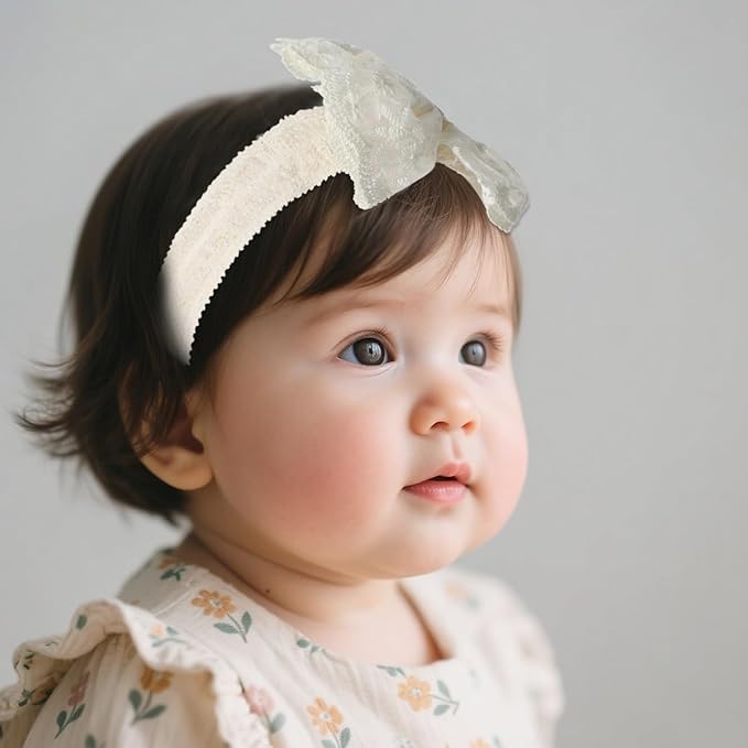 Baby Girls Hairband White Bow Lace Headbands Handmade Soft Stretchy Bowknot Hairbands Newborn Headband with Bows Pearls Elastic Head Band for Newborn Infant(Beige Embroidered Bow)