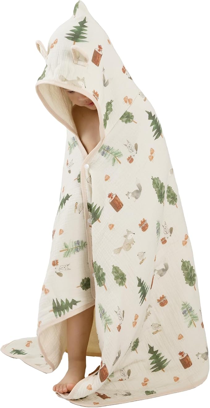 Toddler Bath Towel - Soft Muslin Baby Towel with Hood 25x51 Inches - Absorbent Hooded Bath Towel for Infant & Toddler 0-4 Years - Cute Animal Beach Towel (Forest Squirrel)
