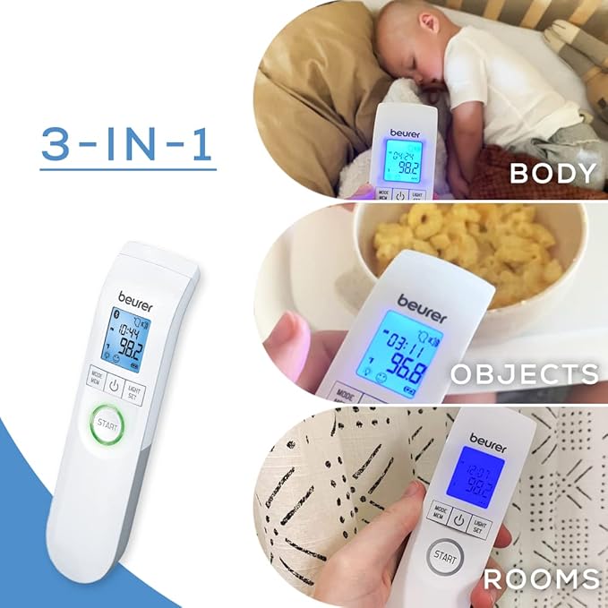 Beurer Bluetooth Non-Contact Thermometer, Forehead, Object, Room Temperature, High Accuracy, XL Blue Illuminated Display, 60 Memory Spaces, White,1 Count (Pack of 1),FT95