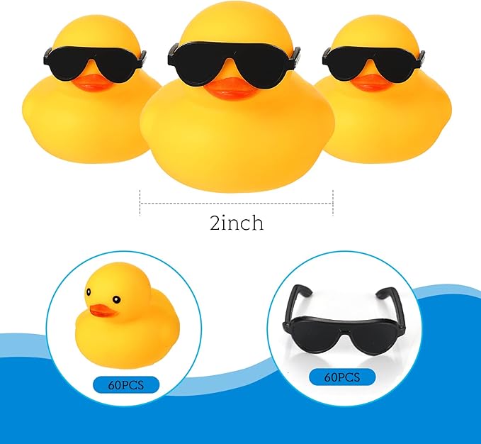 Chivao 60 Pcs Mini Rubber Duck in Bulk with 60 Sunglasses, Small Yellow Rubber Duck Gifts Bath Float Bathtub Toys for Cruise Baby Shower Christmas Decoration Birthday Party Favors Supplies