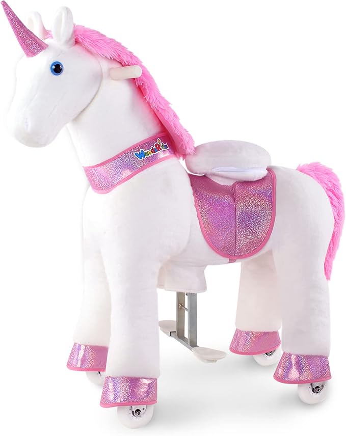 WondeRides Ride on Unicorn Pink Riding Horse Toys Size 4 for Age 4-9 Years, 36 inch Height Plush Riding Unicorn Pony Ride on Horse Toy Giddy up Rocking Mechanical Walking Animal with Wheels M431