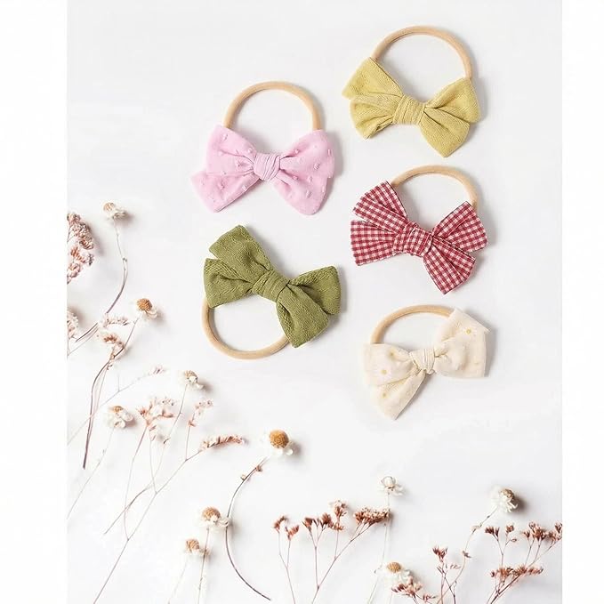 14 Pcs Baby Girl Headband Bows Soft Nylon Hairbands With Hair Bows Elastics Linen Handmade Toddler Hair Accessories For Girls Newborns Infants And Kids. (Brown Bows, Mid)