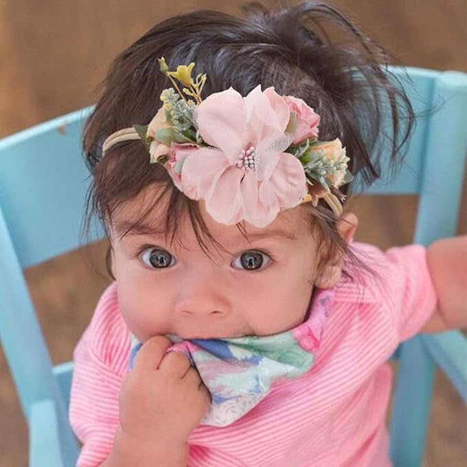 Baby Girl Flower Headband 6 PCS Elastic Hairbands Handmade Nylon Bows Headbands Chic Floral Hair Accessories Kids Gifts for Newborn Infant Toddlers