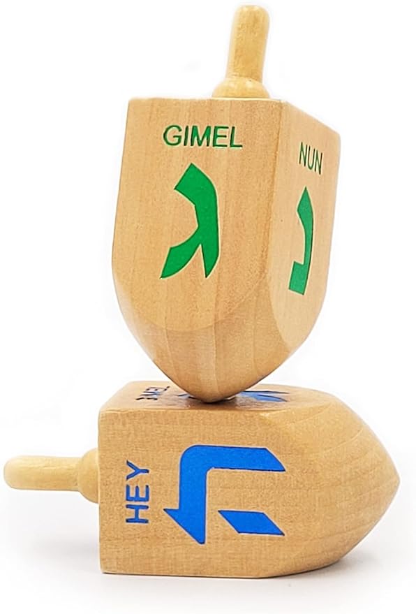Hanukkah 2-Pack Dreidel Extra Large 3" Inch Wooden Dreidels Natural Wooden with Foil Embossed Hebrew Letters & English Translation. Great for All Kids Ages 3 and up.
