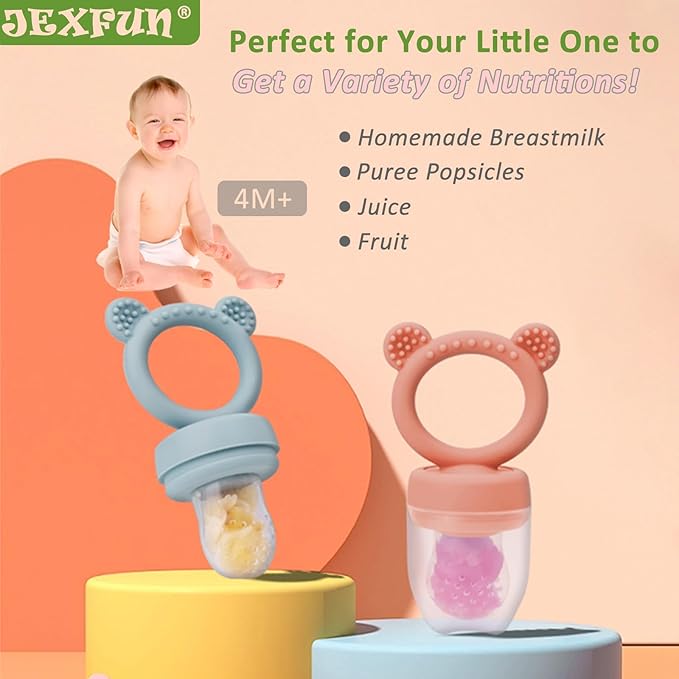 JEXFUN Baby Fruit Food Feeder Pacifier | Silicone Feeder and Teether for Infant Safely Self Feeding | Baby Teething Relief Toy Teether | Includes Additional Silicone Sacs, BPA Free (Sage)